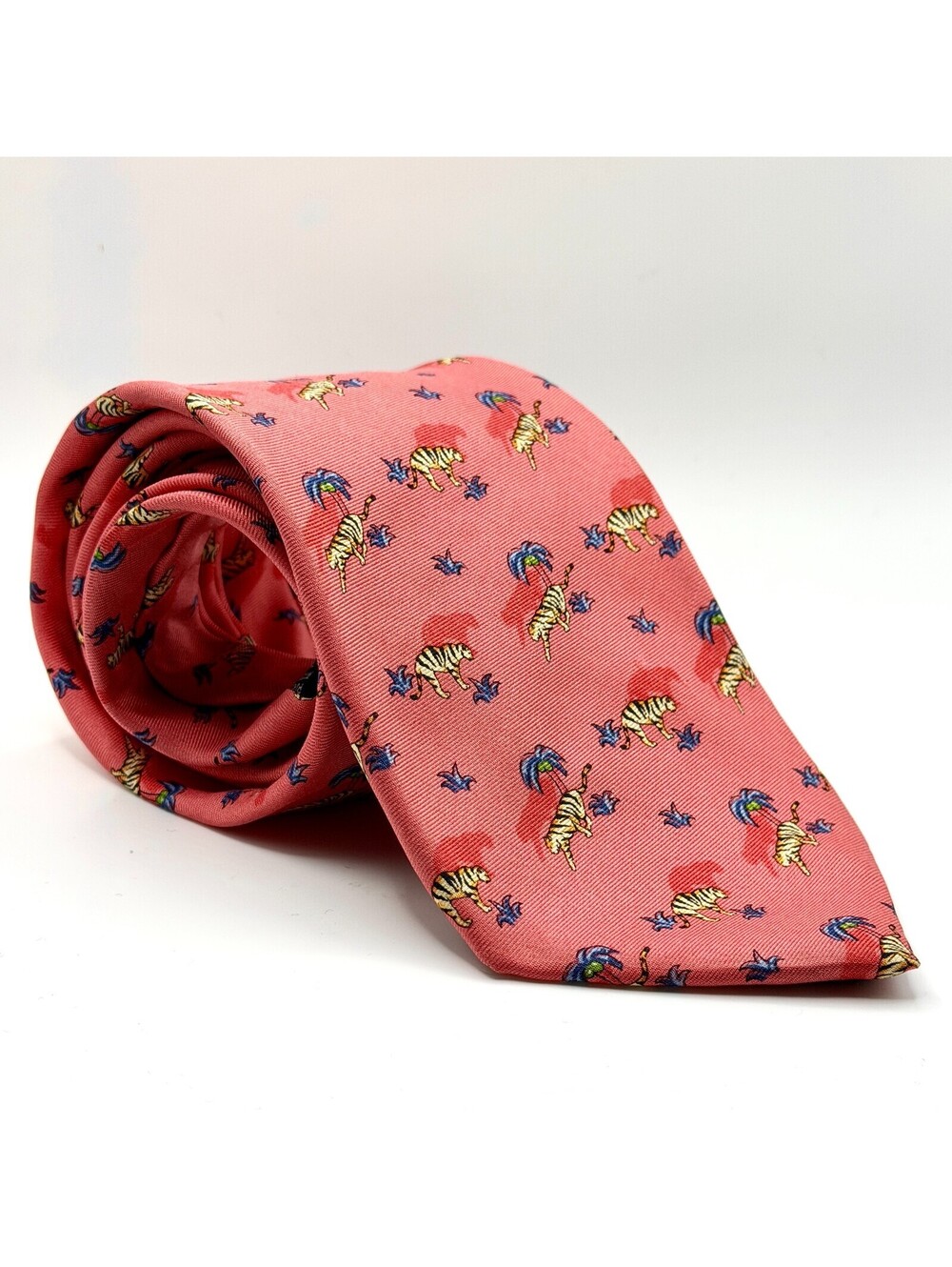 Vintage 90s Pink Silk Tiger Palm Tree Necktie